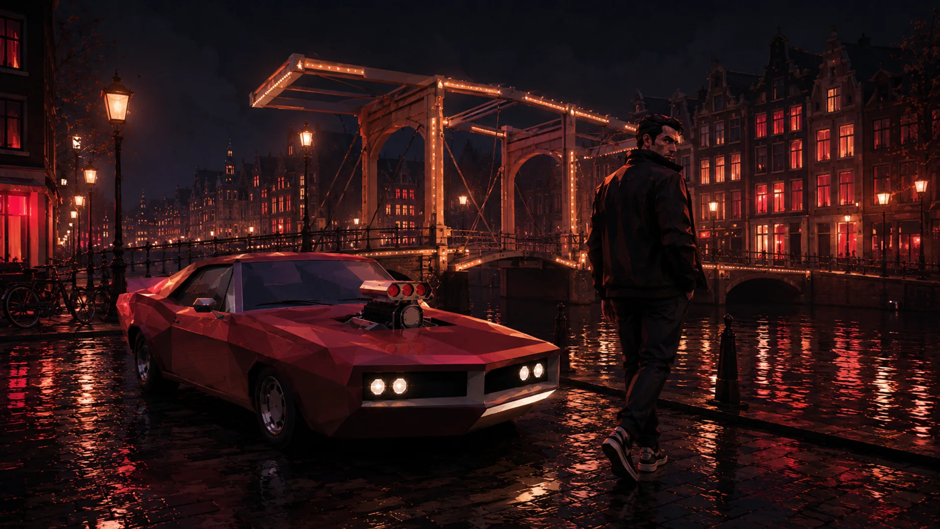 Daniel beside a car at an illuminated Amsterdam bridge