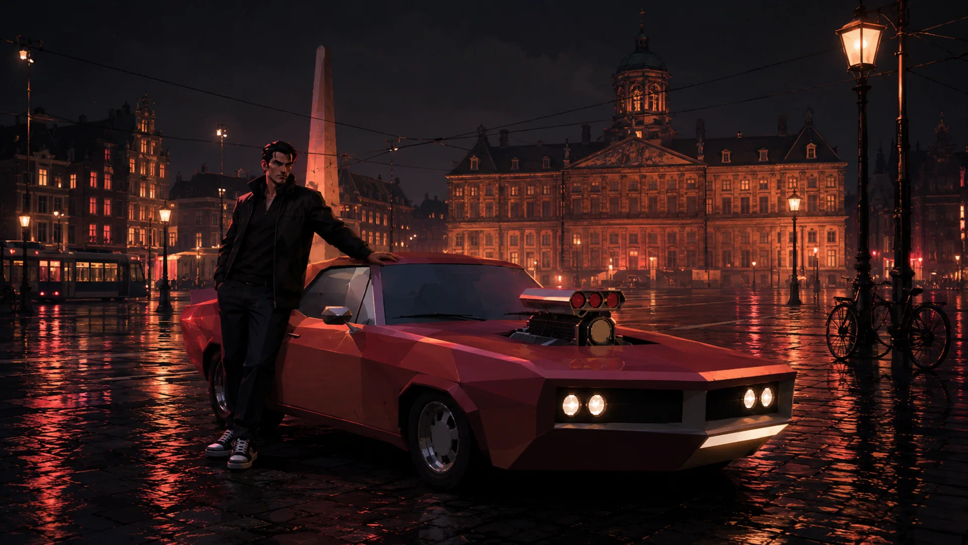Daniel and a customised car on Dam Square at night