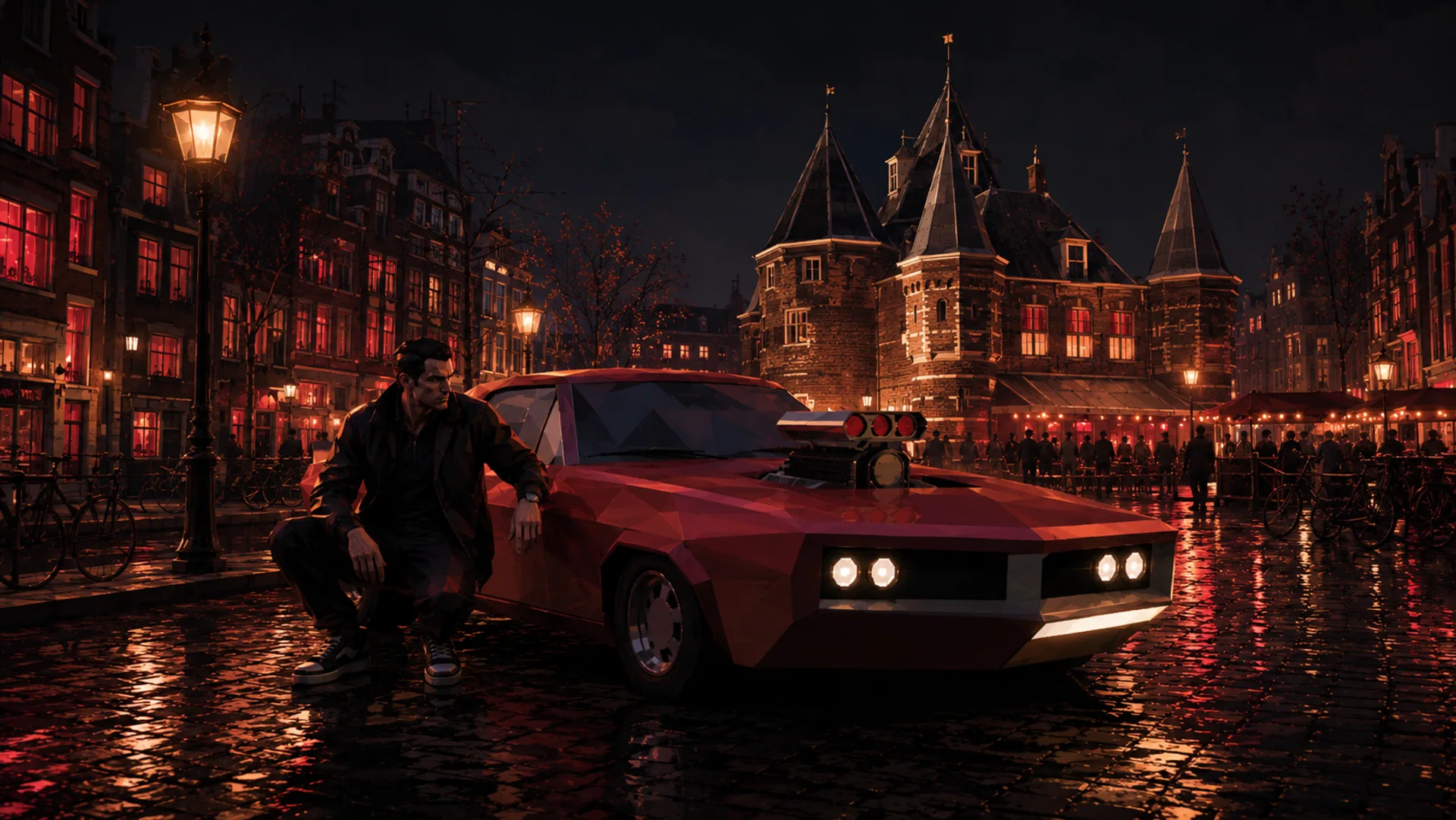 Daniel and his car in Amsterdam after dark