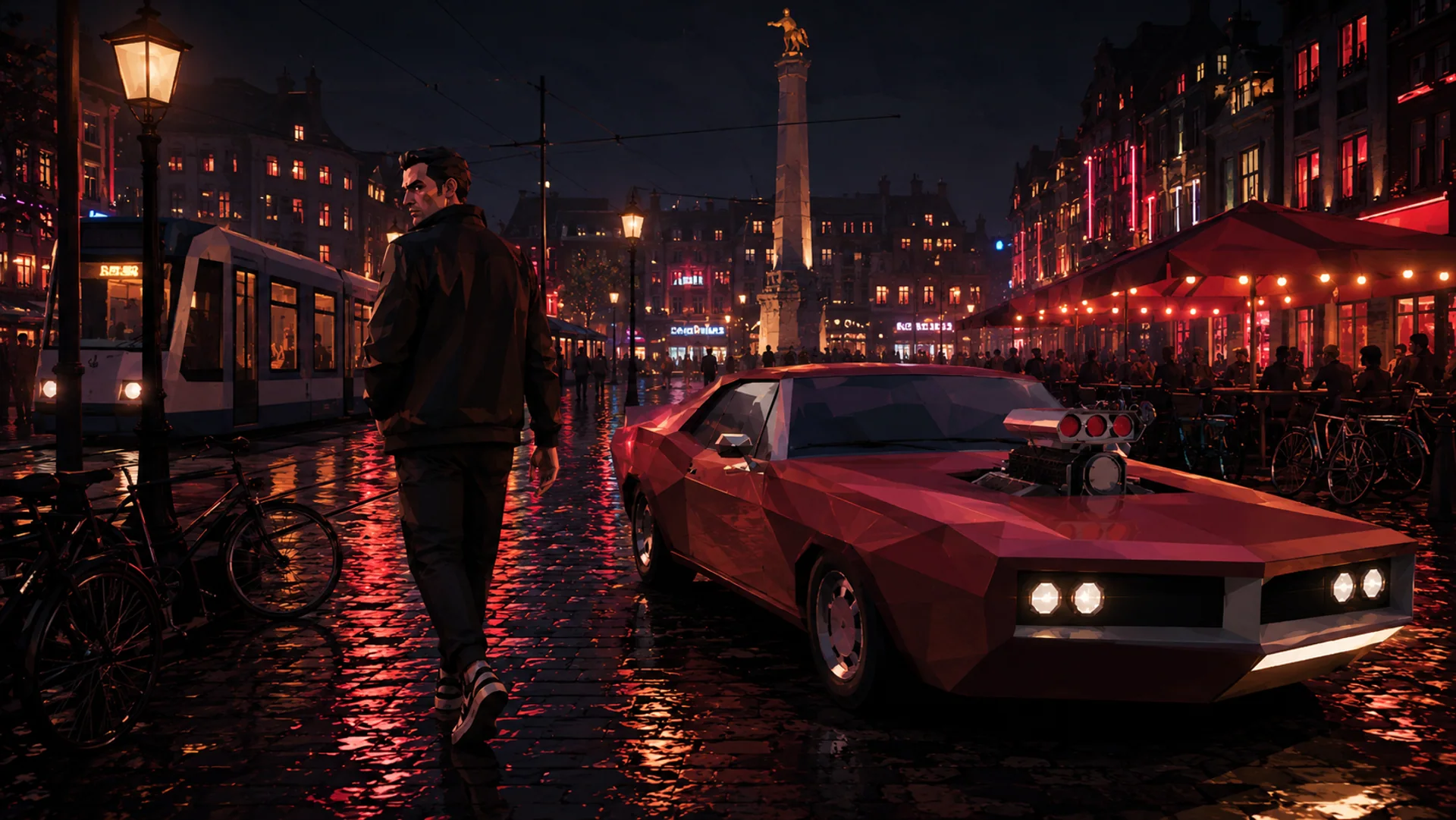 Daniel walking through wet streets and nightlife in central Amsterdam